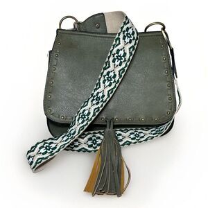 Jen & Co Green Faux Leather Shoulder Bag Tribal Guitar Strap Bucket Crossbody